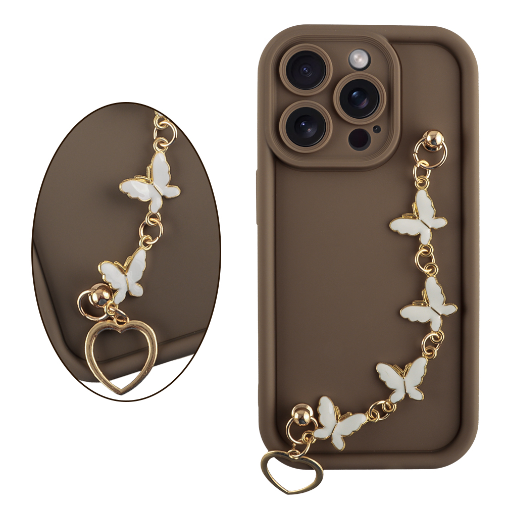 VOLTE-TEL ΘΗΚΗ IPHONE 15 PRO 6.1" SILICON TPU WITH STRAP FULL CAMERA PROTECTION BROWN WITH WHITE BUTTERFLIES