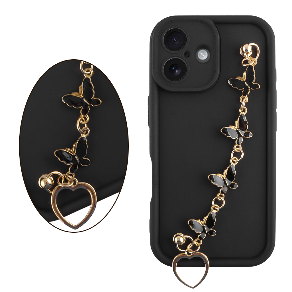 VOLTE-TEL ΘΗΚΗ IPHONE 16 6.1" SILICON TPU WITH STRAP FULL CAMERA PROTECTION BLACK WITH BLACK BUTTERFLIES