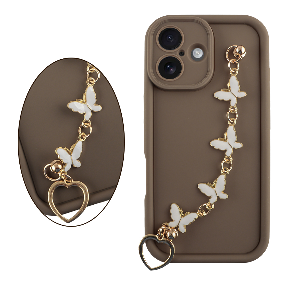 VOLTE-TEL ΘΗΚΗ IPHONE 16 6.1" SILICON TPU WITH STRAP FULL CAMERA PROTECTION BROWN WITH WHITE BUTTERFLIES