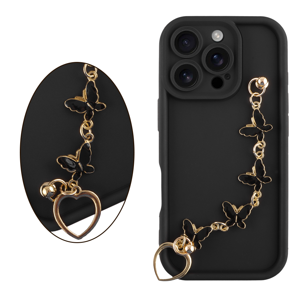 VOLTE-TEL ΘΗΚΗ IPHONE 16 PRO 6.3" SILICON TPU WITH STRAP FULL CAMERA PROTECTION BLACK WITH BLACK BUTTERFLIES