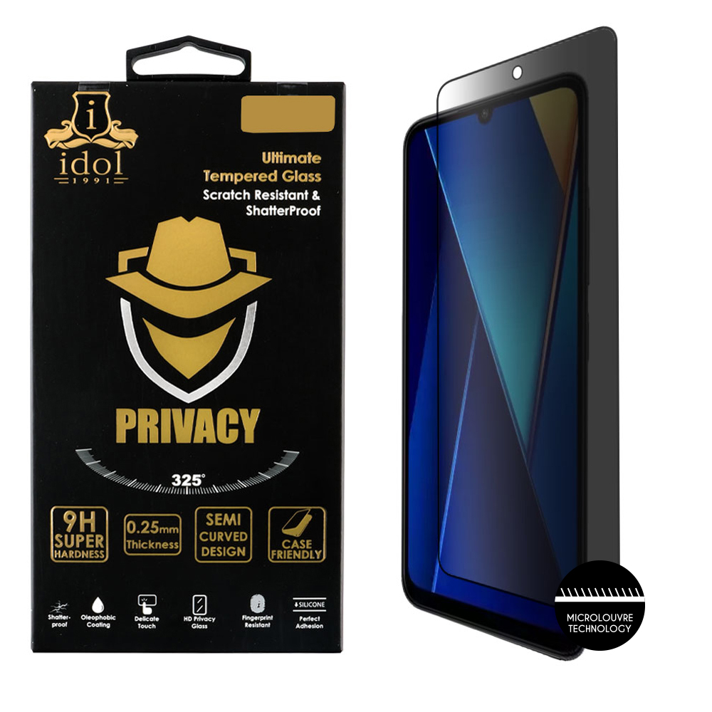 IDOL 1991 TEMPERED GLASS XIAOMI POCO C65 4G 6.74" 9H 0.25mm PRIVACY ANTISPY SEMI CURVED FULL GLUE BLACK