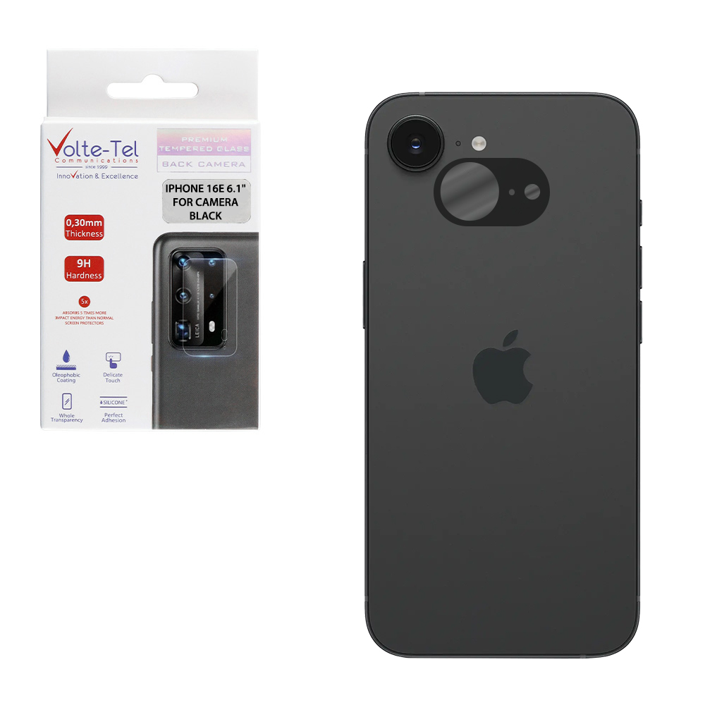 VOLTE-TEL TEMPERED GLASS IPHONE 16E 6.1" 9H 0.25mm 3D CURVED FOR CAMERA BLACK
