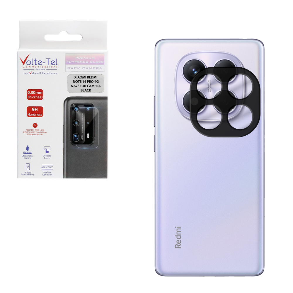 VOLTE-TEL TEMPERED GLASS XIAOMI REDMI NOTE 14 PRO 4G 6.67" 9H 0.25mm 3D CURVED FOR CAMERA BLACK