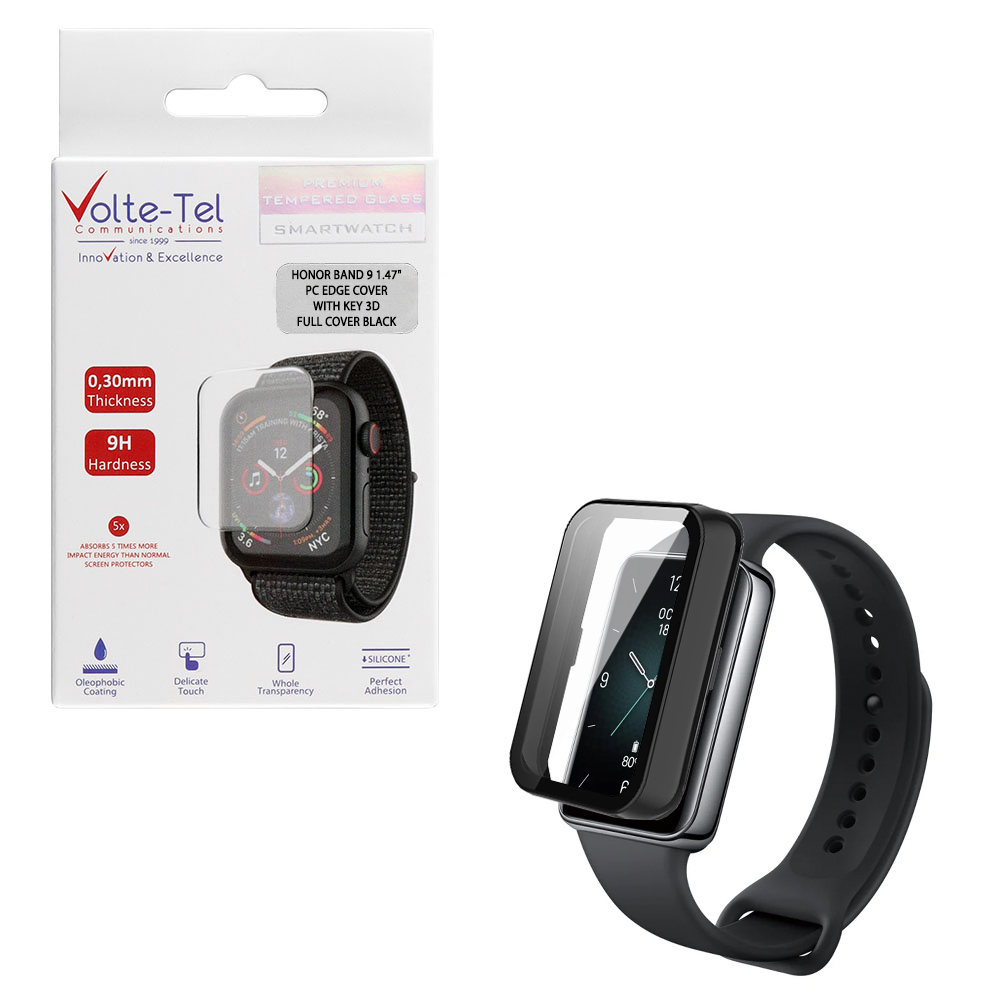VOLTE-TEL TEMPERED GLASS HONOR BAND 9 1.47" 9H 0.30mm PC EDGE COVER WITH KEY 3D FULL GLUE FULL COVER BLACK