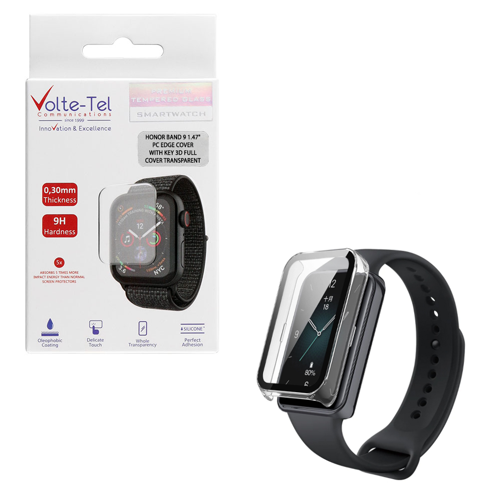 VOLTE-TEL TEMPERED GLASS HONOR BAND 9 1.47" 9H 0.30mm PC EDGE COVER WITH KEY 3D FULL GLUE FULL COVER TRANSPARENT
