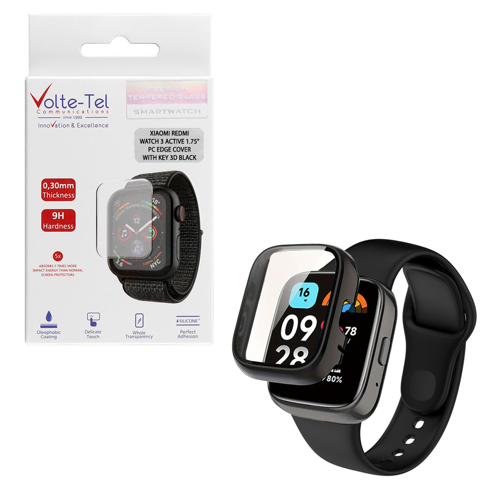 VOLTE-TEL TEMPERED GLASS XIAOMI REDMI WATCH 3 ACTIVE 1.75" 9H 0.30mm PC EDGE COVER WITH KEY 3D FULL GLUE FULL COVER BLACK