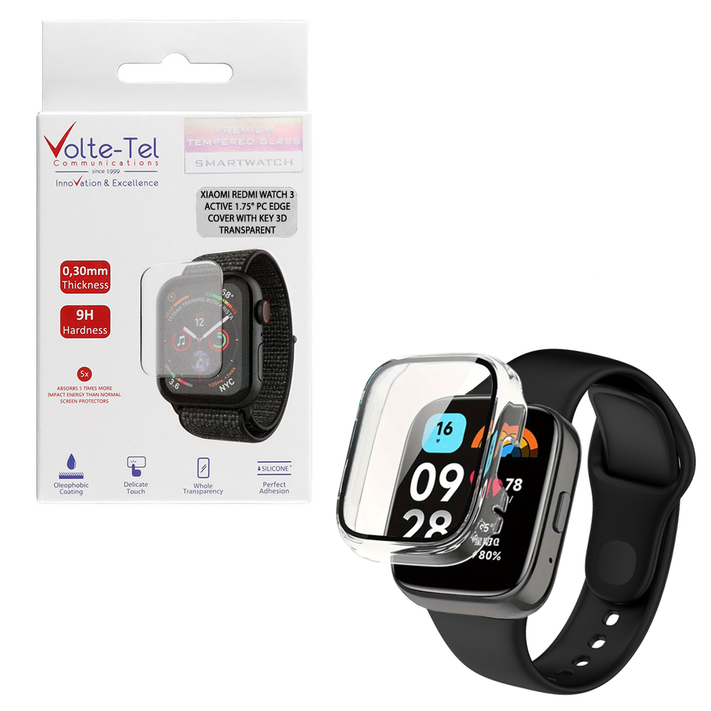VOLTE-TEL TEMPERED GLASS XIAOMI REDMI WATCH 3 ACTIVE 1.75" 9H 0.30mm PC EDGE COVER WITH KEY 3D FULL GLUE FULL COVER TRANSPARENT