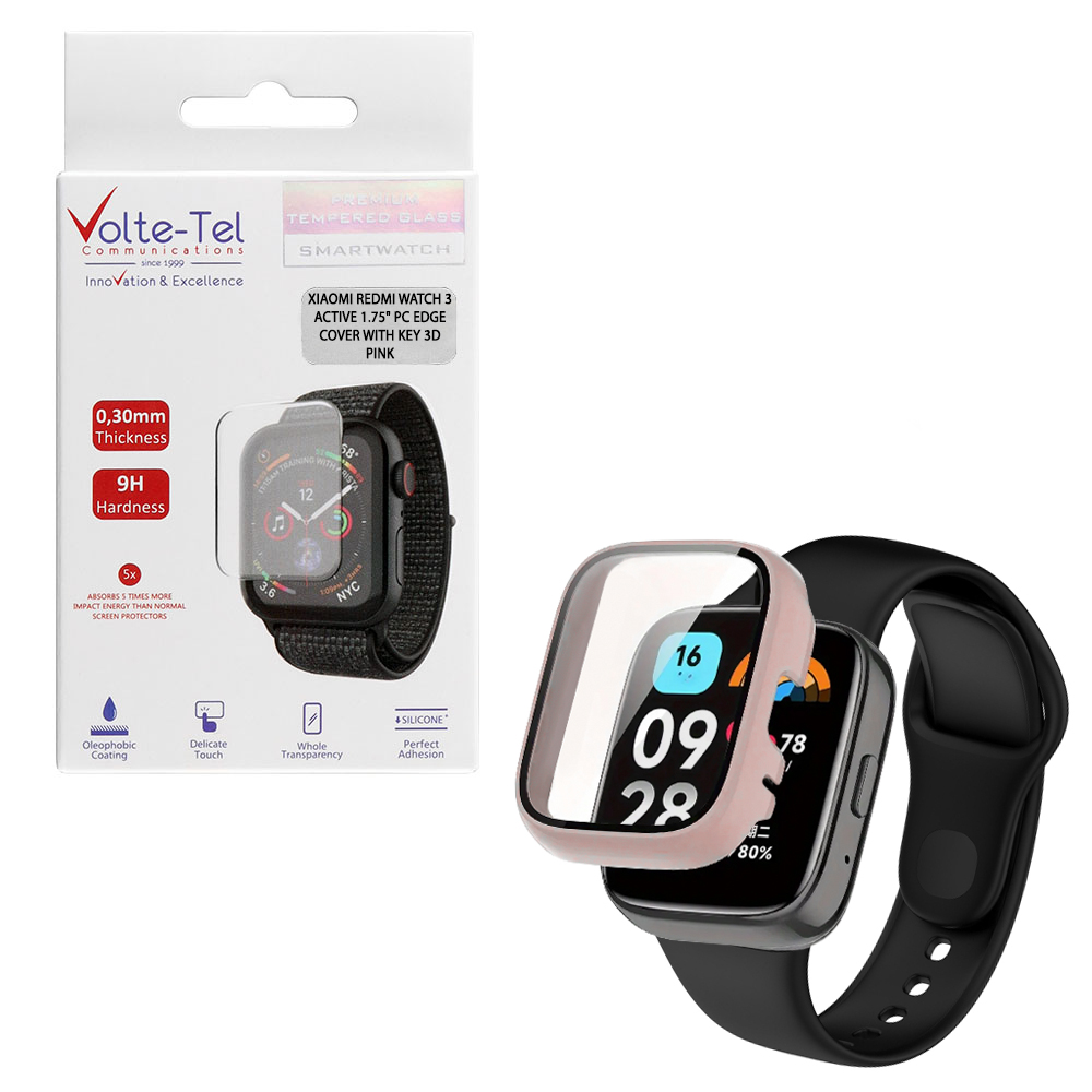 VOLTE-TEL TEMPERED GLASS XIAOMI REDMI WATCH 3 ACTIVE 1.75" 9H 0.30mm PC EDGE COVER WITH KEY 3D FULL GLUE FULL COVER PINK