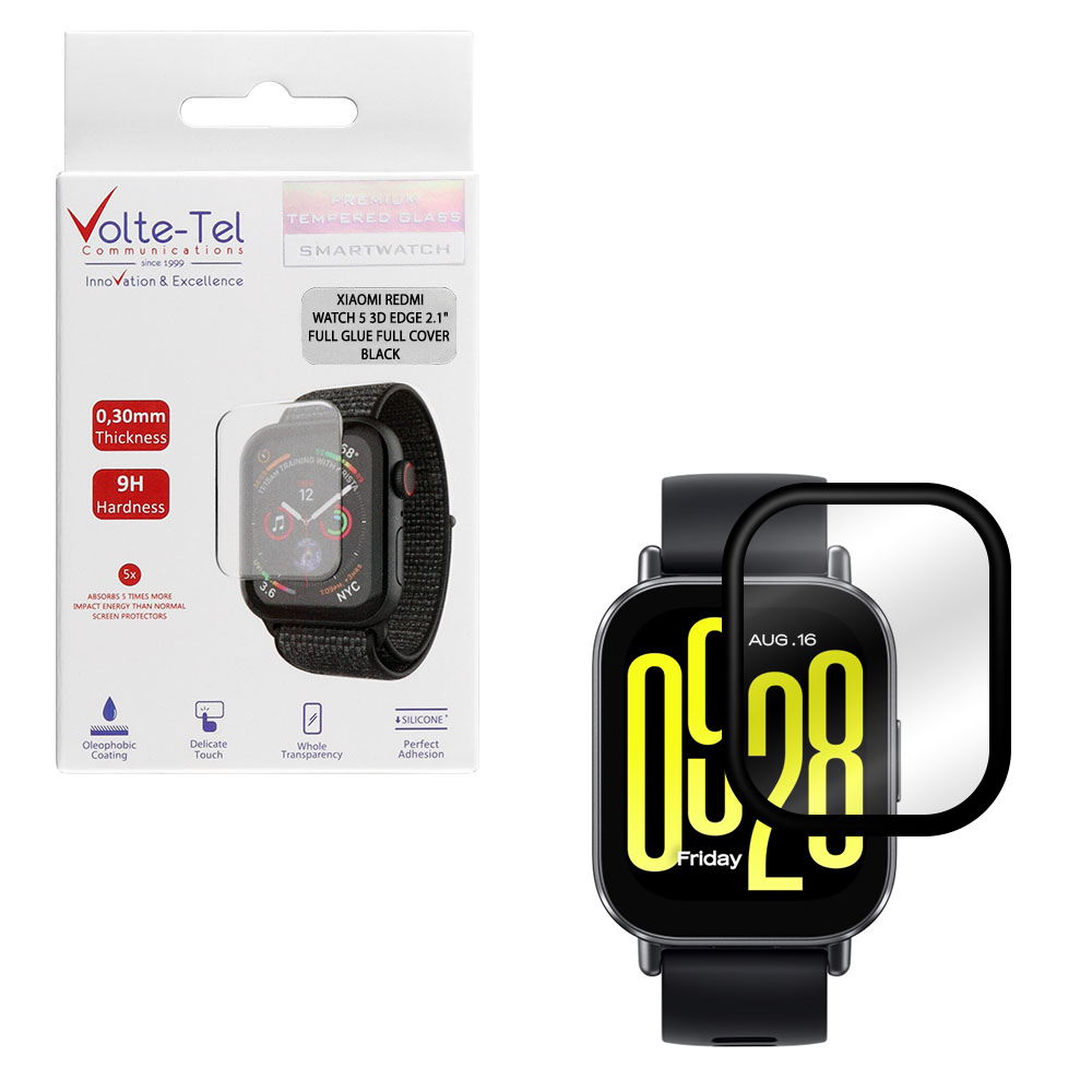 VOLTE-TEL TEMPERED PLEXI GLASS XIAOMI REDMI WATCH 5 2.1" 3D EDGE 0.30mm FULL GLUE FULL COVER BLACK