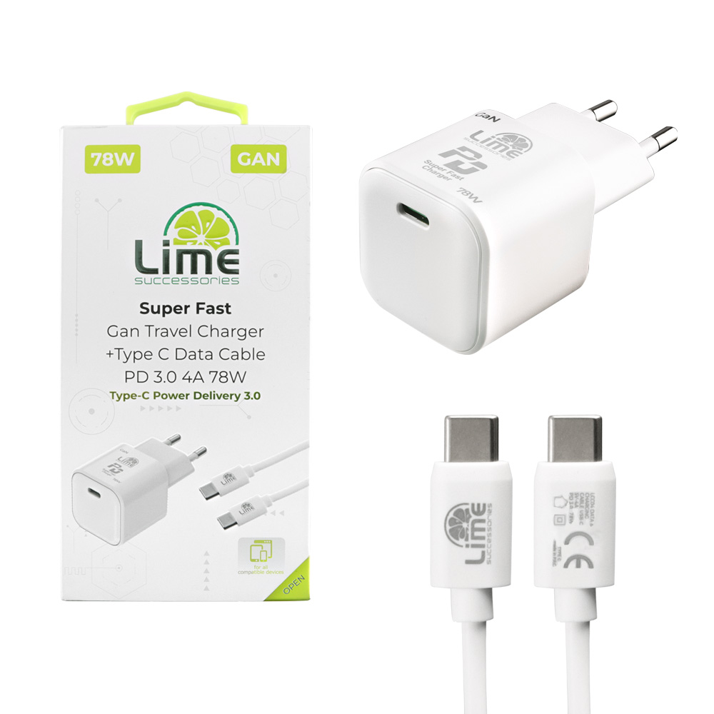 LIME TYPE C GAN PD 3.0 SUPER FAST TRAVEL LTC54W 54W 5V-9V 4.0A/12V 3.5A/20V 2.7A+ΦΟΡΤΙΣΗΣ-DATA LCC04 TYPE C TO TYPE C 78W WHITE