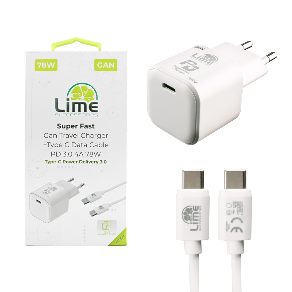 LIME TYPE C GAN PD 3.0 SUPER FAST TRAVEL LTC78W 78W 5V-15V 4.0A/ 20V 3.9A + ΦΟΡΤΙΣΗΣ-DATA LCC04 TYPE C TO TYPE C 78W WHITE