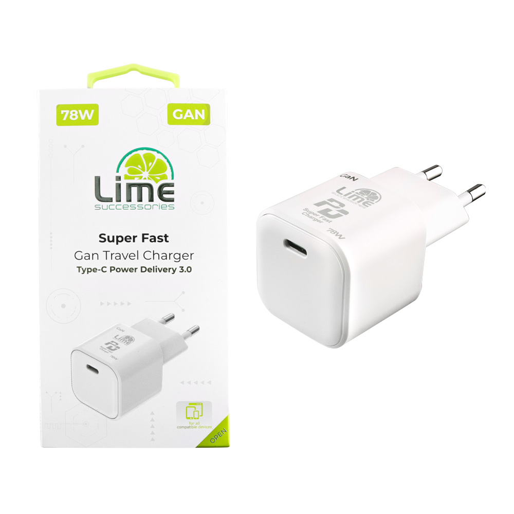 LIME TYPE C GAN PD 3.0 SUPER FAST TRAVEL LTC78W 78W 5V 4.0A /9V 4A/ 12V 4.0A/ 12V 4.0A/ 15V 4.0A/ 20V 3.9A WHITE