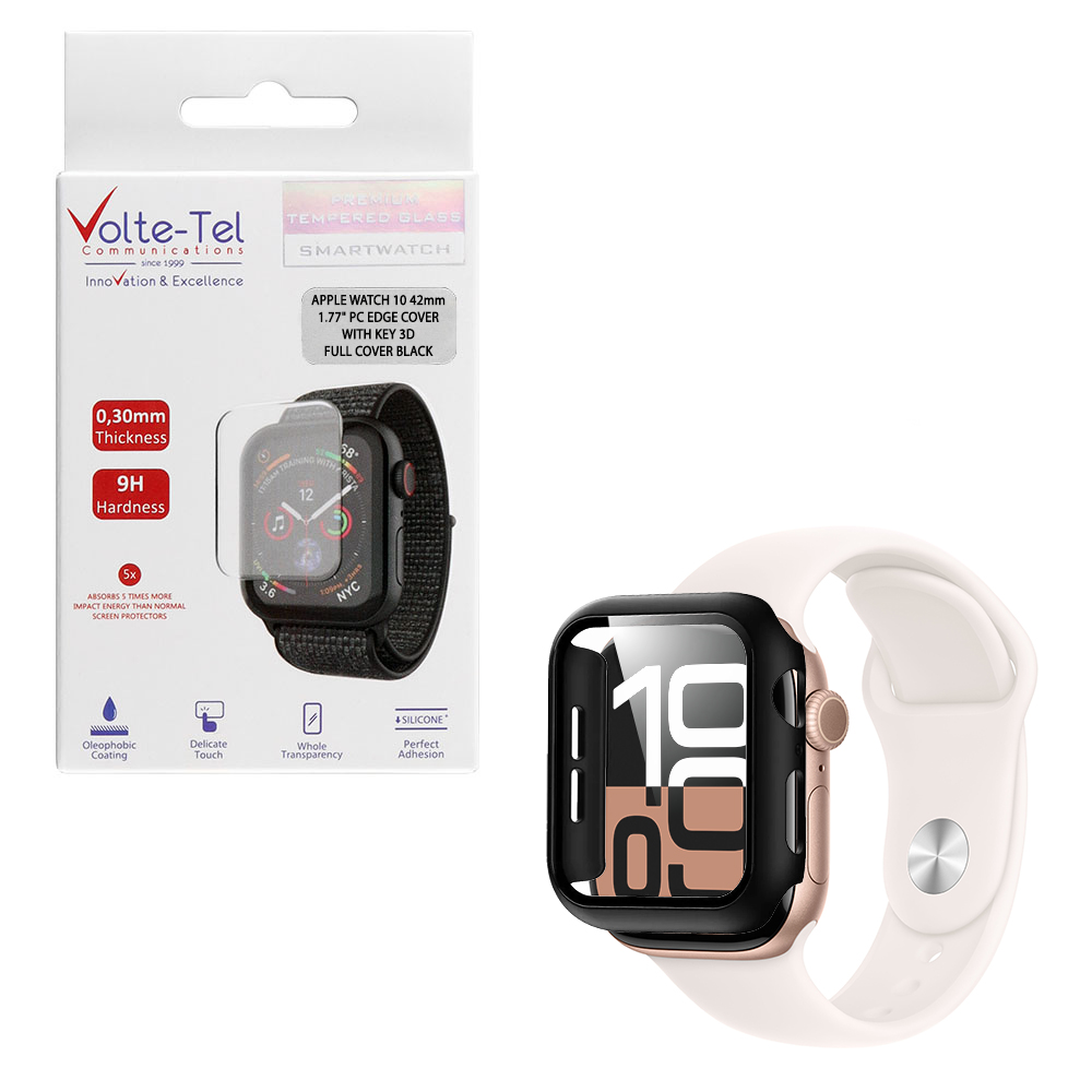 VOLTE-TEL TEMPERED GLASS APPLE WATCH 10 42mm 1.77" 9H 0.30mm PC EDGE COVER WITH KEY 3D FULL GLUE FULL COVER BLACK