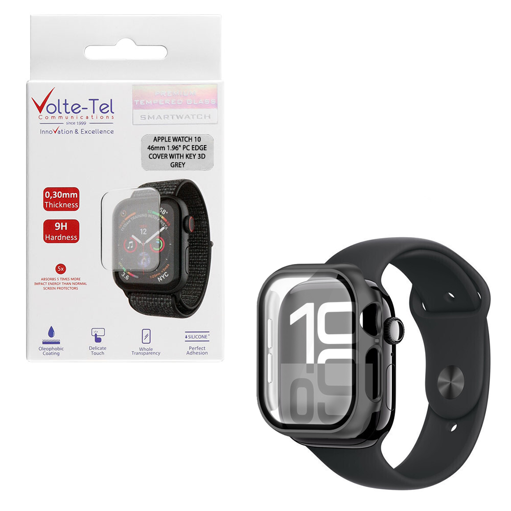 VOLTE-TEL TEMPERED GLASS APPLE WATCH 10 46mm 1.96" 9H 0.30mm PC EDGE COVER WITH KEY 3D FULL GLUE FULL COVER GREY