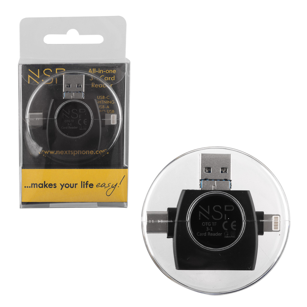 NSP 4 IN 1 SD CARD READER USB-A/MICRO USB/TYPE C &amp; LIGHTNING BLACK
