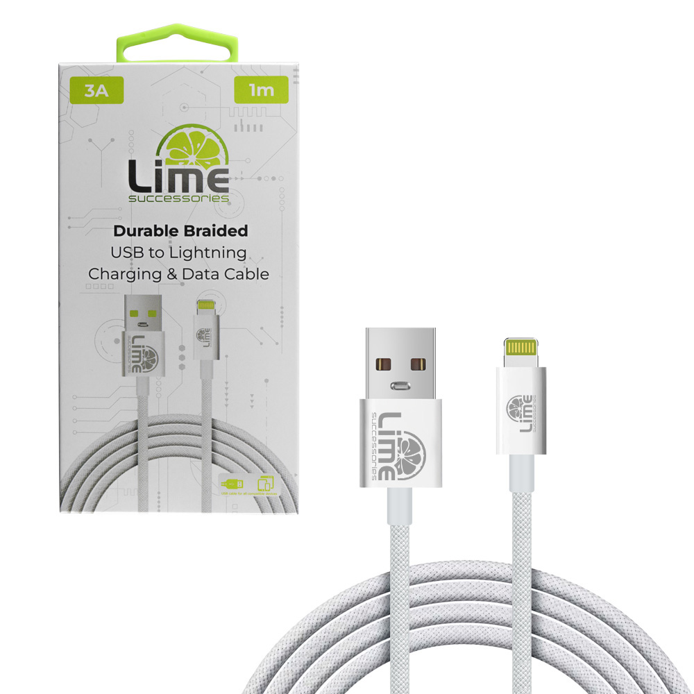 LIME LIGHTNING TO USB 3A ΦΟΡΤΙΣΗΣ-DATA DURABLE BRAIDED 1m LBUL01 15W WHITE