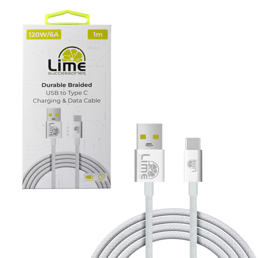 LIME USB-C TYPE C TO USB 6A ΦΟΡΤΙΣΗΣ-DATA DURABLE BRAIDED 1m LBUC01 120W WHITE