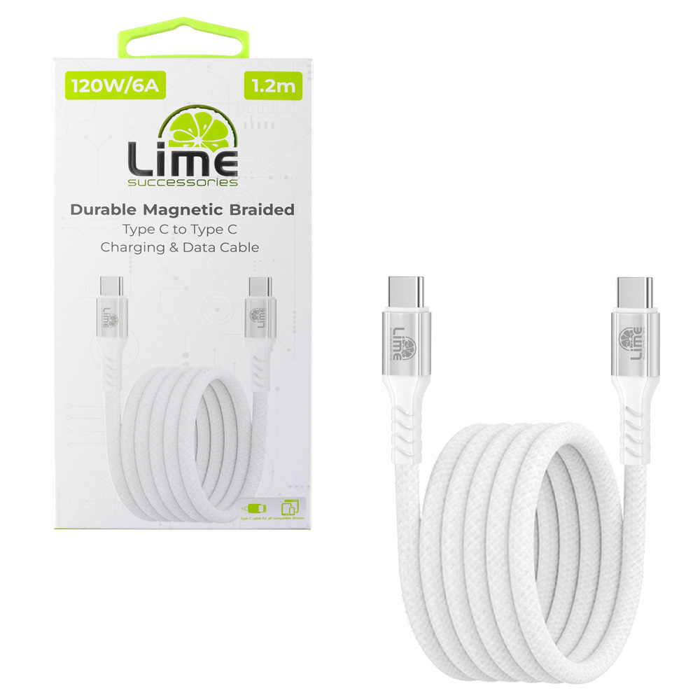 LIME USB-C TYPE C TO USB-C TYPE C 6A ΦΟΡΤΙΣΗΣ-DATA DURABLE MAGNETIC BRAIDED 1.2m LBMCC03 120W WHITE