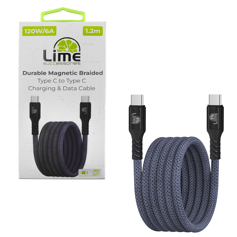 LIME USB-C TYPE C TO USB-C TYPE C 6A ΦΟΡΤΙΣΗΣ-DATA DURABLE MAGNETIC BRAIDED 1.2m LBMCC04 120W GREY