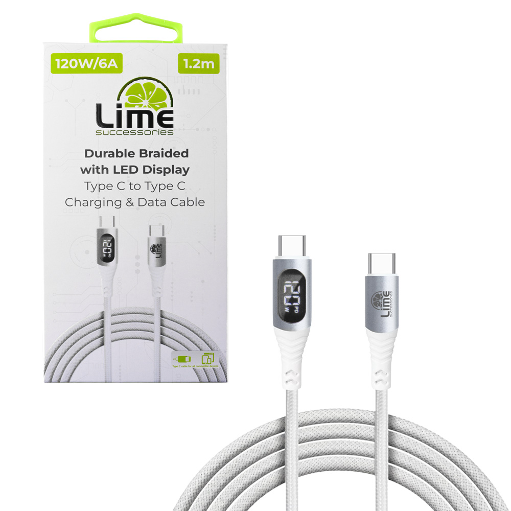 LIME USB-C TYPE C TO USB-C TYPE C 6A ΦΟΡΤΙΣΗΣ-DATA DURABLE BRAIDED WITH LED DISPLAY 1.2m LBLCC01 120W WHITE
