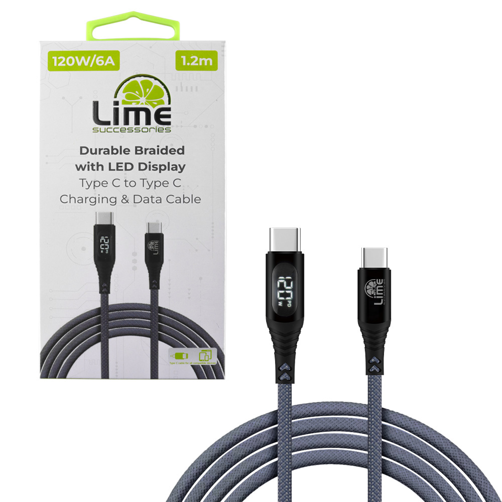 LIME USB-C TYPE C TO USB-C TYPE C 6A ΦΟΡΤΙΣΗΣ-DATA DURABLE BRAIDED WITH LED DISPLAY 1.2m LBLCC02 120W GREY