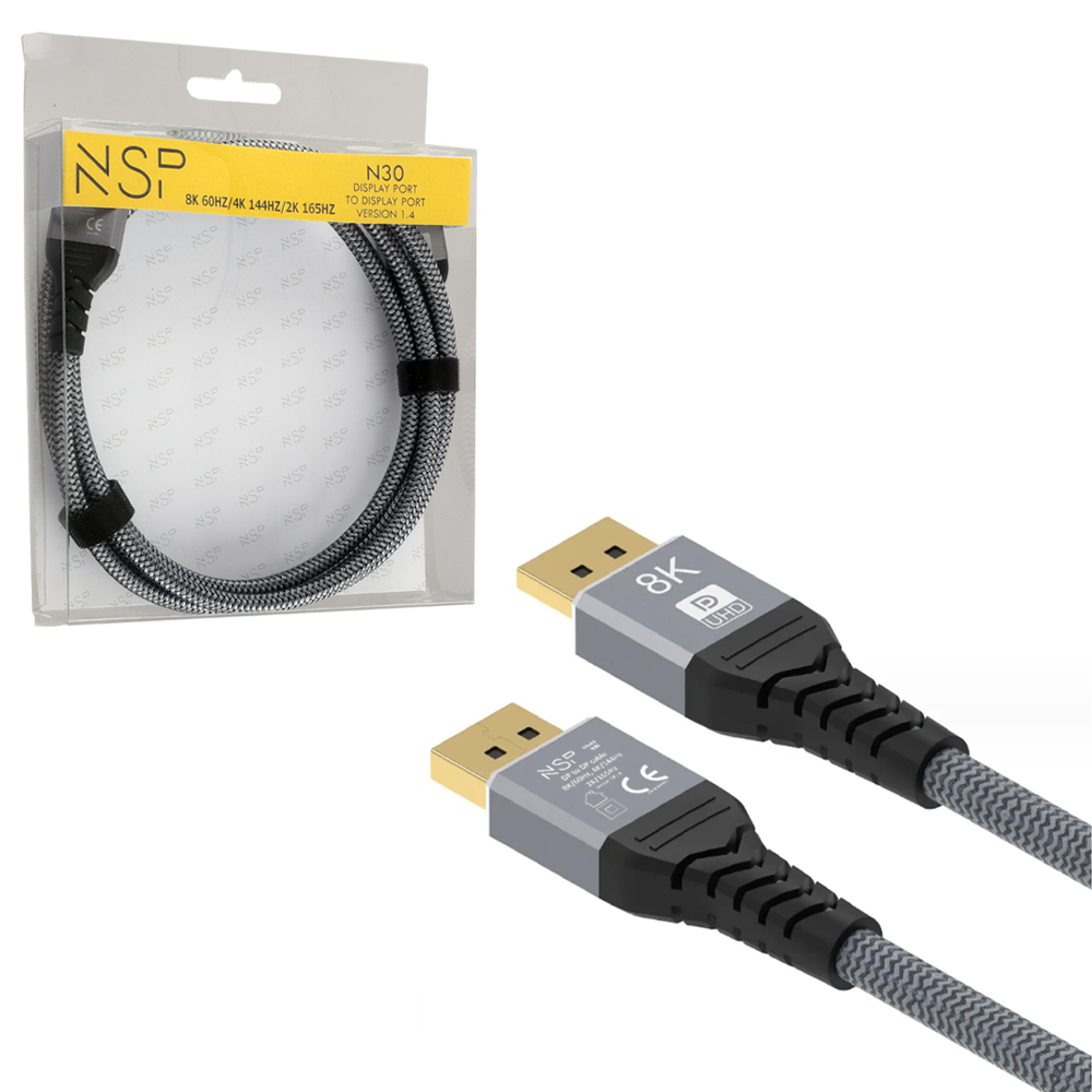 NSP N30 DISPLAY PORT CABLE TO DISPLAY PORT V1.4 8K/60HZ 4K/144HZ 2K/165HZ V.DP1.4 1.5m GREY