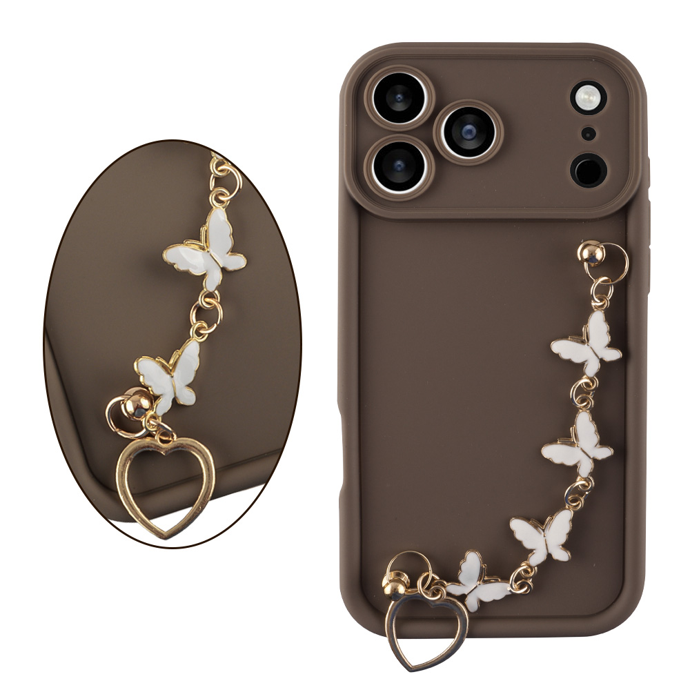 VOLTE-TEL ΘΗΚΗ IPHONE 17 PRO 6.3" SILICON TPU WITH STRAP FULL CAMERA PROTECTION BROWN WITH WHITE BUTTERFLIES