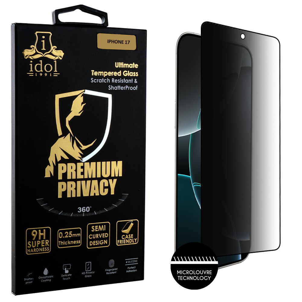 IDOL 1991 TEMPERED GLASS IPHONE 17 6.3" 9H 0.25mm PREMIUM PRIVACY ANTISPY SEMI CURVED FULL GLUE BLACK