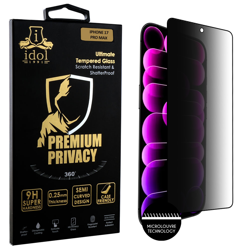 IDOL 1991 TEMPERED GLASS IPHONE 17 PRO MAX 6.9" 9H 0.25mm PREMIUM PRIVACY ANTISPY SEMI CURVED FULL GLUE BLACK