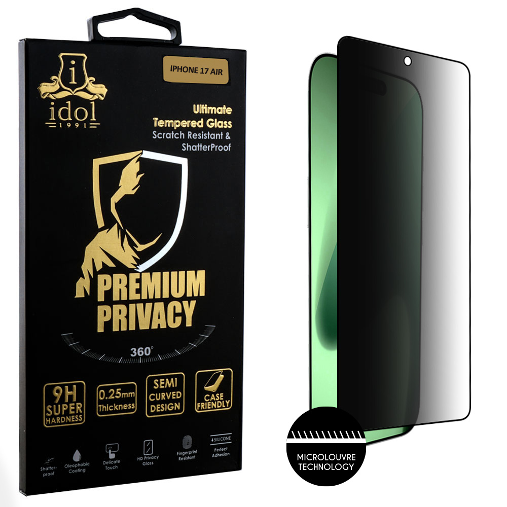 IDOL 1991 TEMPERED GLASS IPHONE 17 AIR 6.9" 9H 0.25mm PREMIUM PRIVACY ANTISPY SEMI CURVED FULL GLUE BLACK