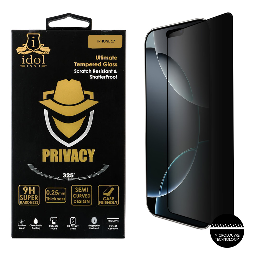 IDOL 1991 TEMPERED GLASS IPHONE 17 6.3" 9H 0.25mm PRIVACY ANTISPY SEMI CURVED FULL GLUE BLACK