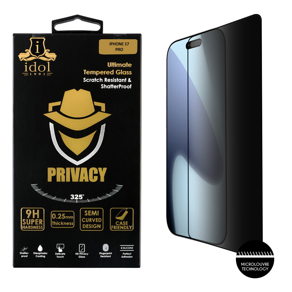 IDOL 1991 TEMPERED GLASS IPHONE 17 PRO 6.3" 9H 0.25mm PRIVACY ANTISPY SEMI CURVED FULL GLUE BLACK