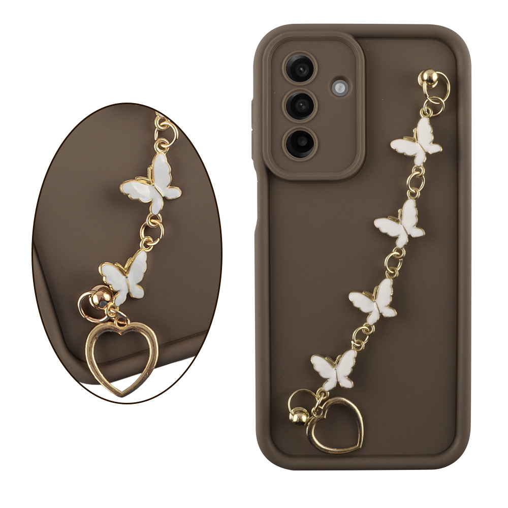 VOLTE-TEL ΘΗΚΗ SAMSUNG A17 4G A175/A17 5G A176 6.74" SILICON TPU WITH STRAP FULL CAMERA PROTECTION BROWN WITH WHITE BUTTERFLIES