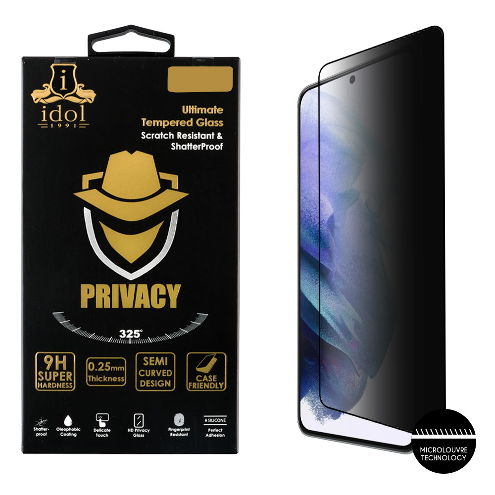 IDOL 1991 TEMPERED GLASS SAMSUNG S21 5G G991 6.2" 9H 0.25mm PRIVACY ANTISPY SEMI CURVED FULL GLUE FINGER UNLOCK BLACK