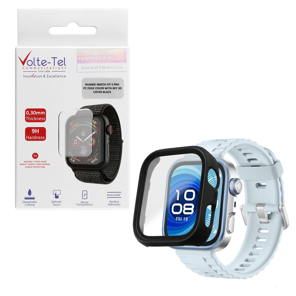 VOLTE-TEL TEMPERED GLASS HUAWEI WATCH FIT 4 PRO 45mm 1.82" 9H 0.30mm PC EDGE COVER WITH KEY 3D FULL GLUE FULL COVER BLACK