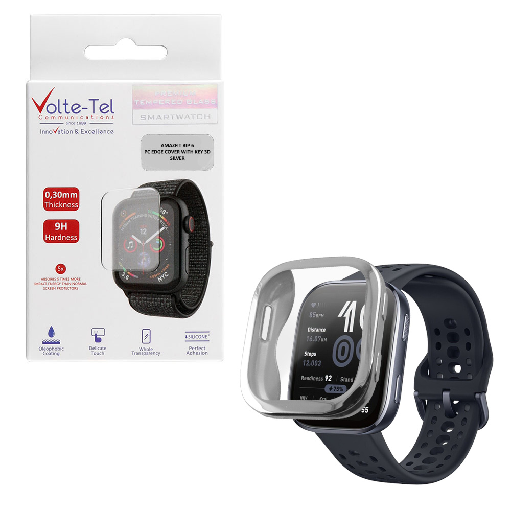 VOLTE-TEL TEMPERED GLASS AMAZFIT BIP 6 46mm 1.97" 9H 0.30mm PC EDGE COVER WITH KEY 3D FULL GLUE FULL COVER SILVER