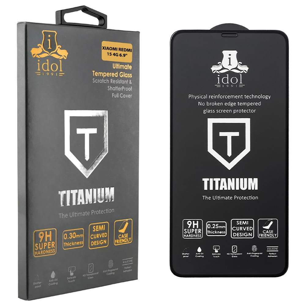 IDOL 1991 TEMPERED GLASS XIAOMI REDMI 15 4G 6.9" 9H 0.25mm TITANIUM SEMI CURVED FULL GLUE BLACK