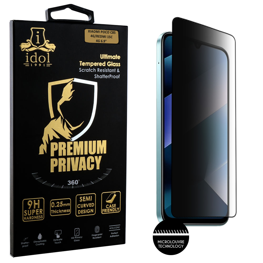 IDOL 1991 TEMPERED GLASS XIAOMI POCO C85 4G/REDMI 15C 4G 6.9" 9H 0.25mm PREMIUM PRIVACY ANTISPY SEMI CURVED FULL GLUE BLACK