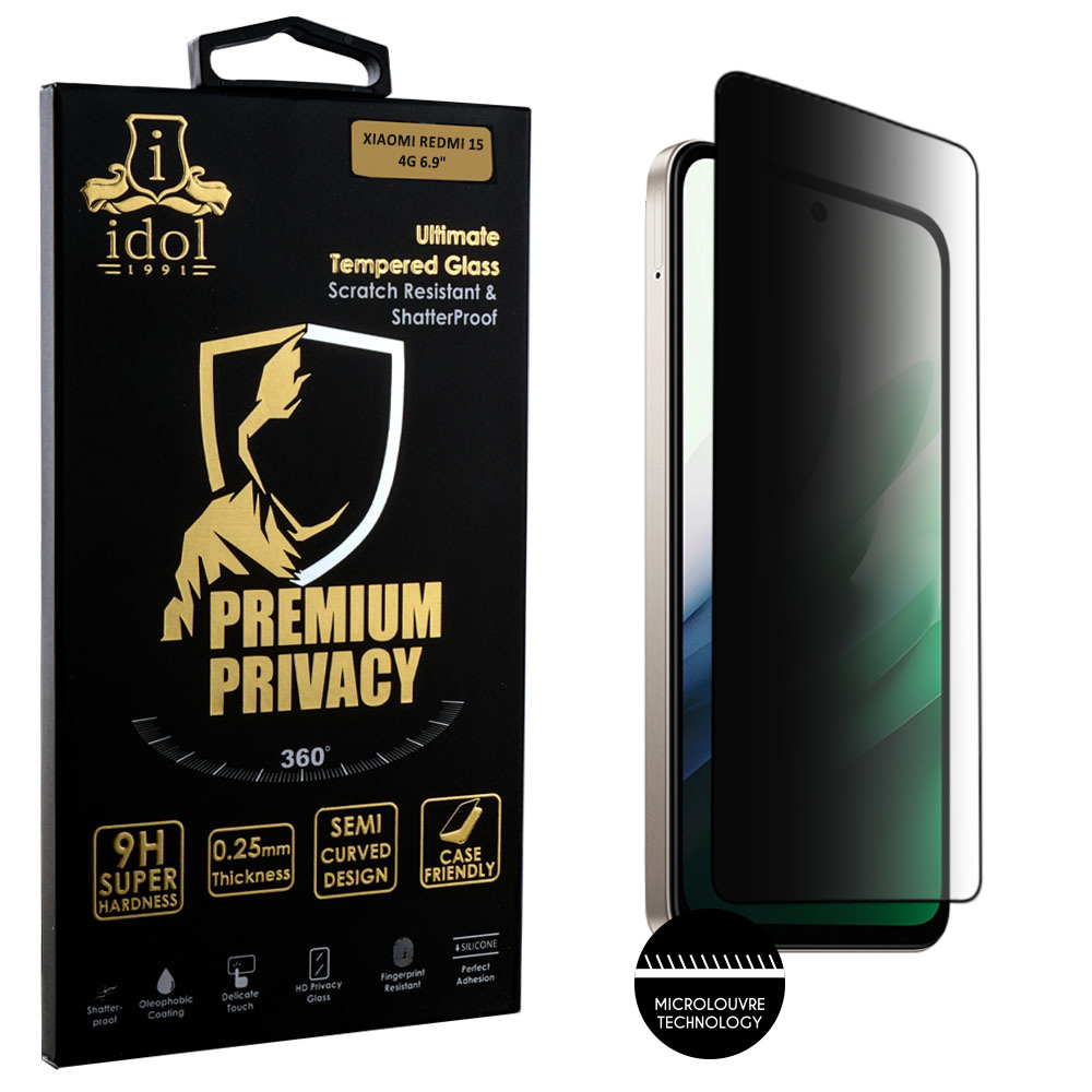 IDOL 1991 TEMPERED GLASS XIAOMI REDMI 15 4G 6.9" 9H 0.25mm PREMIUM PRIVACY ANTISPY SEMI CURVED FULL GLUE BLACK