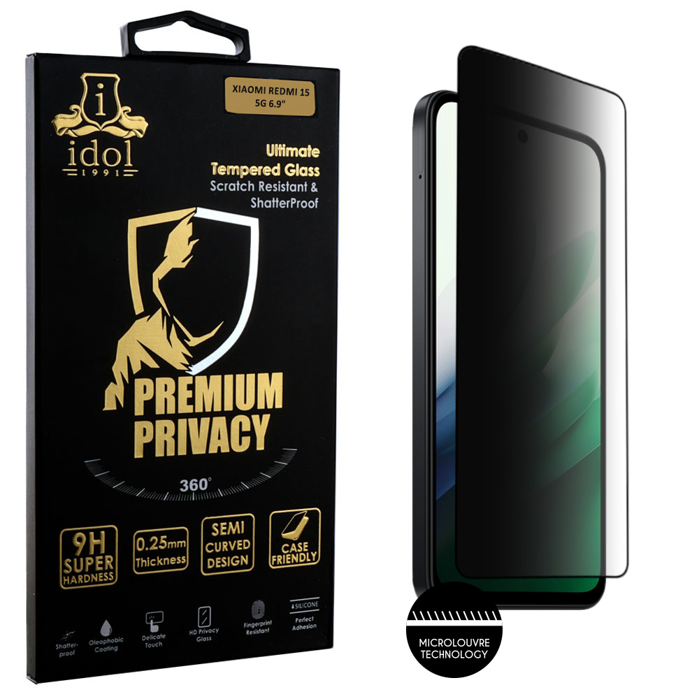 IDOL 1991 TEMPERED GLASS XIAOMI REDMI 15 5G 6.9" 9H 0.25mm PREMIUM PRIVACY ANTISPY SEMI CURVED FULL GLUE BLACK