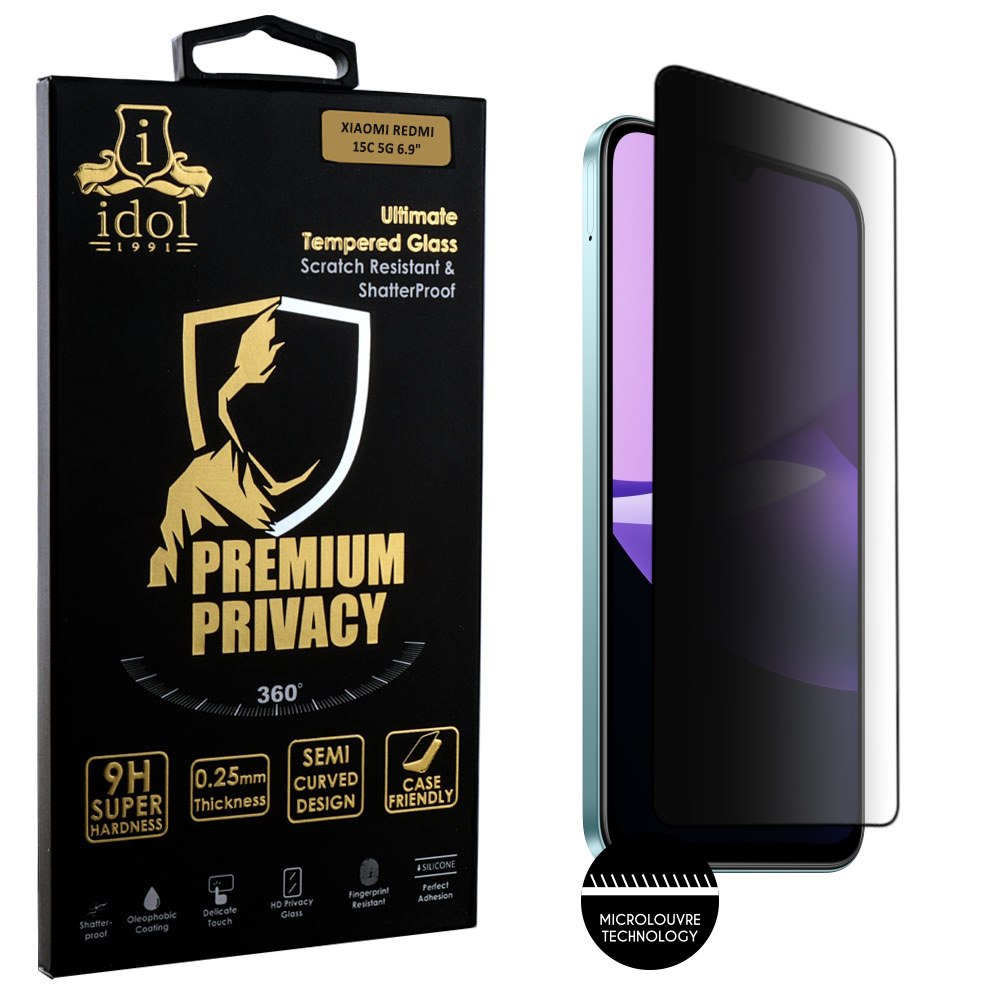 IDOL 1991 TEMPERED GLASS XIAOMI REDMI 15C 5G 6.9" 9H 0.25mm PREMIUM PRIVACY ANTISPY SEMI CURVED FULL GLUE BLACK
