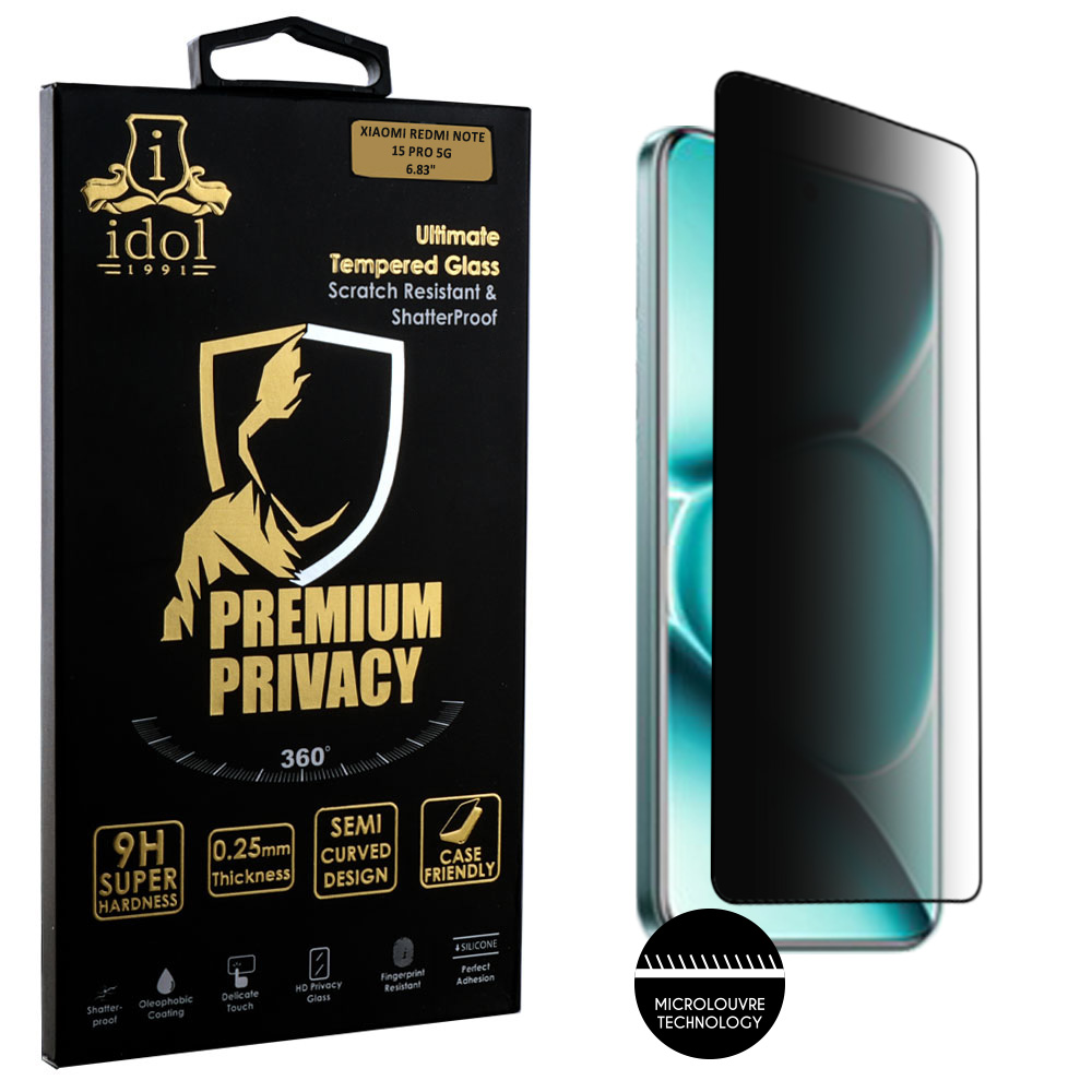 IDOL 1991 TEMPERED GLASS XIAOMI REDMI NOTE 15 PRO 5G 6.83" 9H 0.25mm PREMIUM PRIVACY ANTISPY SEMI CURVED FULL GLUE BLACK