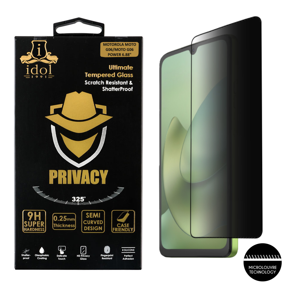 IDOL 1991 TEMPERED GLASS MOTOROLA MOTO G06/MOTO G06 POWER 6.88" 9H 0.25mm PRIVACY ANTISPY SEMI CURVED FULL GLUE BLACK