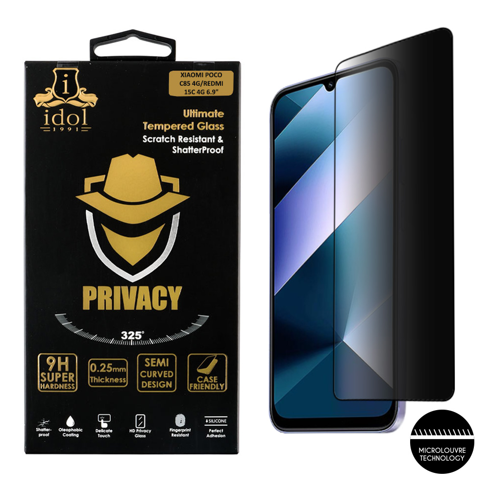 IDOL 1991 TEMPERED GLASS XIAOMI POCO C85 4G/REDMI 15C 4G 6.9" 9H 0.25mm PRIVACY ANTISPY SEMI CURVED FULL GLUE BLACK