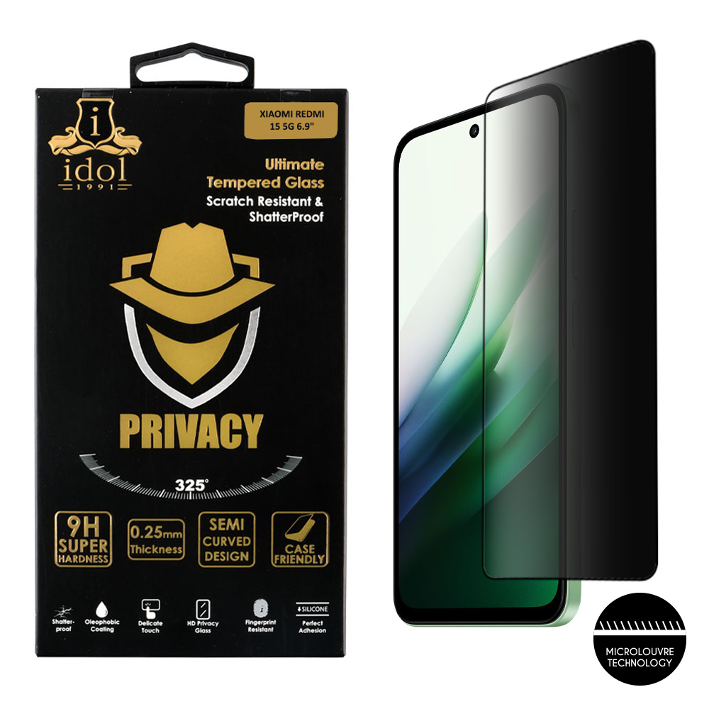IDOL 1991 TEMPERED GLASS XIAOMI REDMI 15 5G 6.9" 9H 0.25mm PRIVACY ANTISPY SEMI CURVED FULL GLUE BLACK