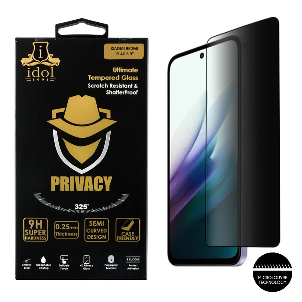 IDOL 1991 TEMPERED GLASS XIAOMI REDMI 15 4G 6.9" 9H 0.25mm PRIVACY ANTISPY SEMI CURVED FULL GLUE BLACK