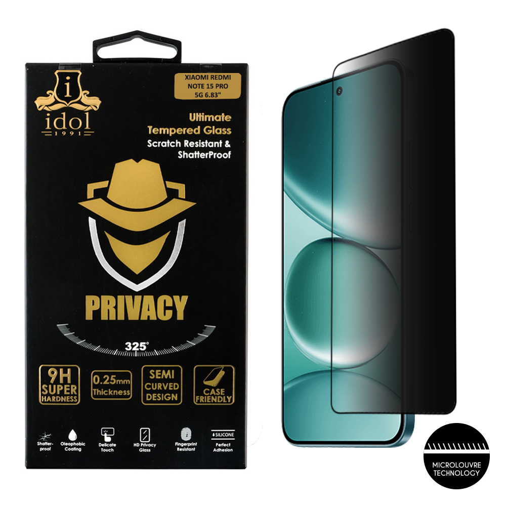 IDOL 1991 TEMPERED GLASS XIAOMI REDMI NOTE 15 PRO 5G 6.83" 9H 0.25mm PRIVACY ANTISPY SEMI CURVED FULL GLUE BLACK