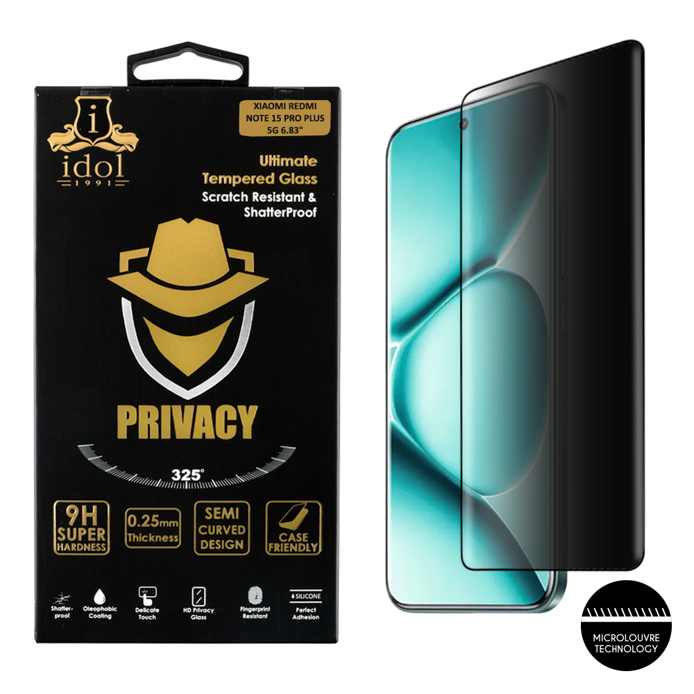 IDOL 1991 TEMPERED GLASS XIAOMI REDMI NOTE 15 PRO PLUS 5G 6.83" 9H 0.25mm PRIVACY ANTISPY 3D SEMI CURVED EDGE GLUE BLACK