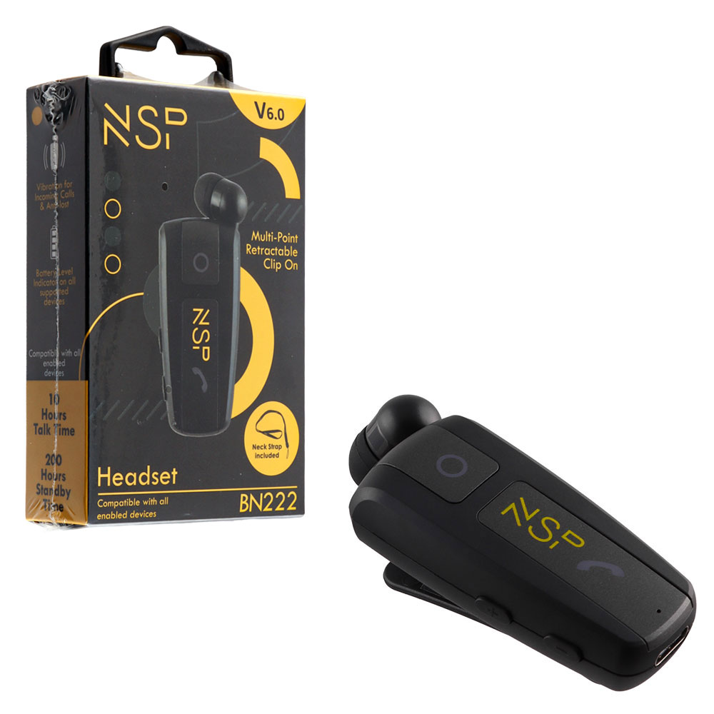 NSP BLUETOOTH BN222 ΠΕΤΟΥ RETRACTABLE CLIP ON HEADSET V6.0 (2 ΣΥΣΚΕΥΩΝ) VIBRATION + ANTI-LOST + STRAP BLACK