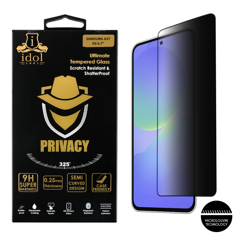 IDOL 1991 TEMPERED GLASS SAMSUNG A37 5G A377 6.7" 9H 0.25mm PRIVACY ANTISPY SEMI CURVED FULL GLUE BLACK